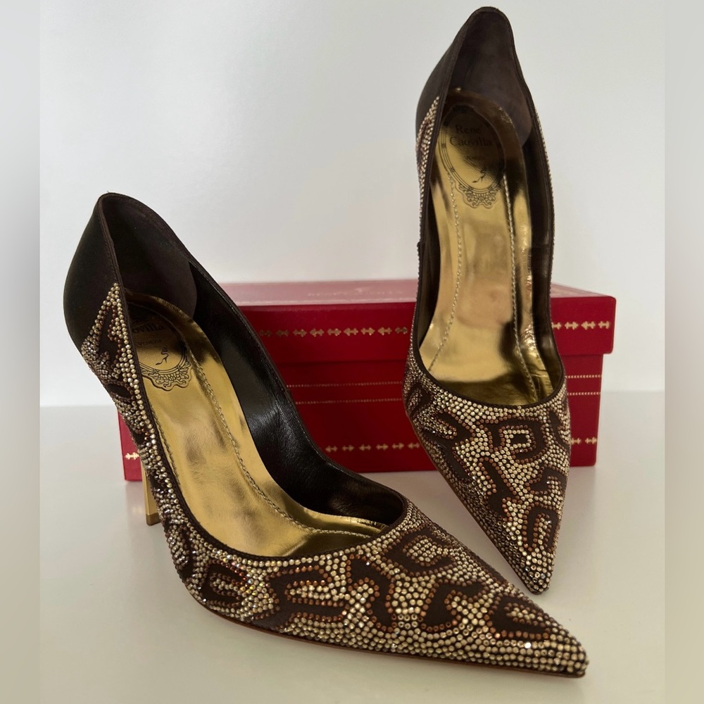 Rene Caovilla Brown Leopard Beaded Pumps Size 8.5